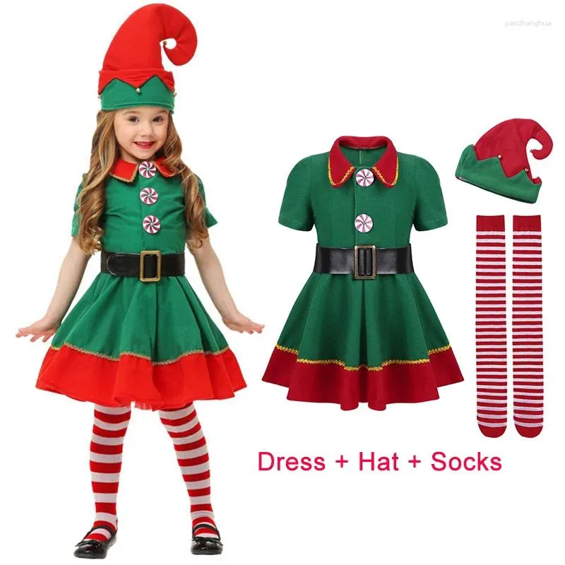 Clothing Sets 2024 Green Elf Girls Christmas Costume Festival Santa Clause For Year Chilren Fancy Dress Xmas Party