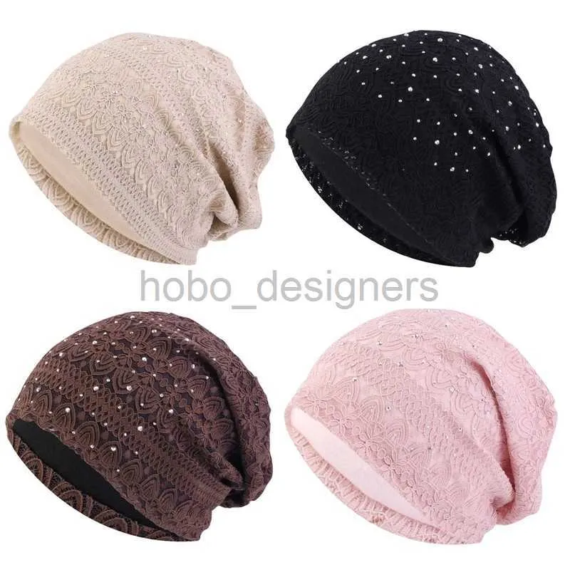 Mütze/Schädelkappen Kristall Spitze Beanies Hut Frauen schlampig Strickhüte Blume Kopftuchkappe Damen bequeme Modeschädel Turban Haare Cover D240429