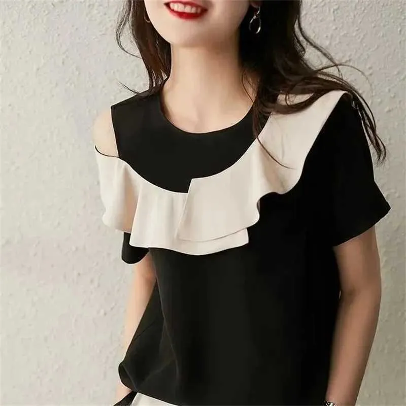 Women's Blouses Shirts Women Spring Summer Style Blouses Shirts Lady Casual off Shoulder O-Neck Short Slve Patchwork Blusas Tops MM0377 Y240426