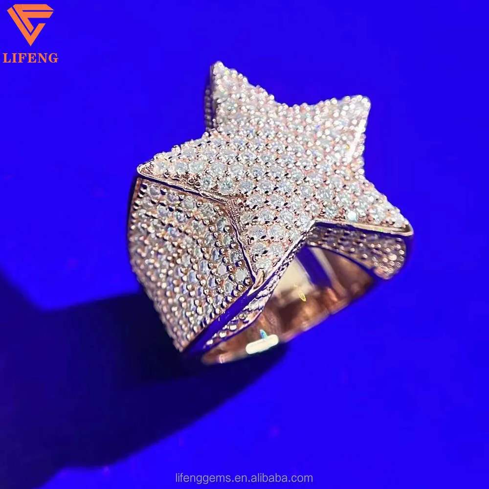Индивидуальные S925 Серебряные льготы Звездные кольцо кольца, покрытые золотом VVS Moissanite Diamond Index Cuban модные украшения для мужчин