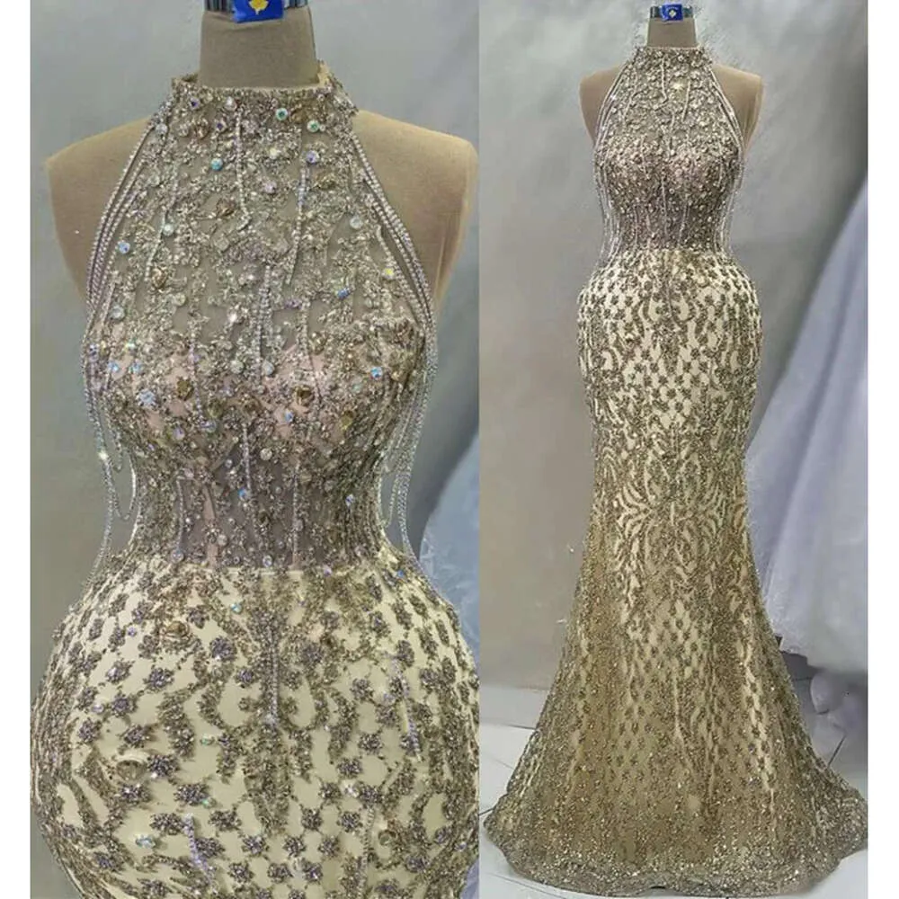 Asymmetric Dark Green Sequins Mermaid Prom Dress Gold 3D Crystals Bodycon Party Gown main image 0