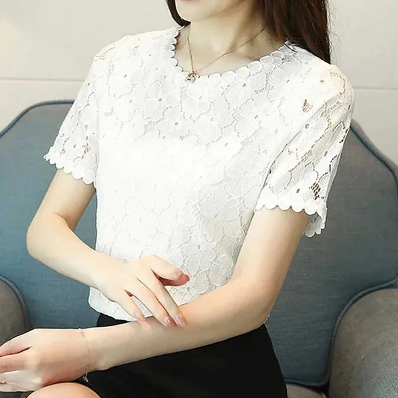 Women's Blouses Shirts Womens Short Slve Lace Blouse O-Neck Tops White Shirt Summer Clothing New Fashion D710 30 Y240426