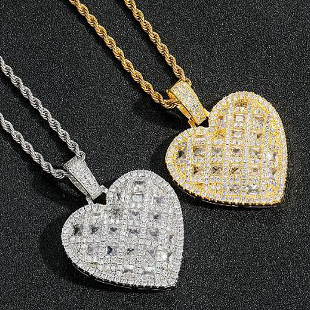 Pendant Necklaces Iced Out Zirconia Baguette Heart Rapper Star Necklace For Men Real Gold Plated Solid Back Rock Street Hiphop Jewelry