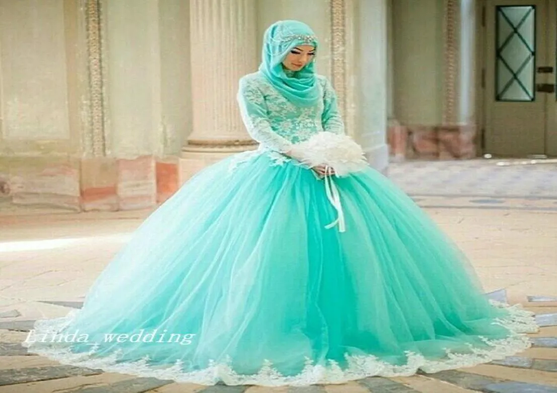 Nieuwe prinses met lange mouwen Arabische moslim quinceanera jurken vintage mint groene bal jurk droomjurken bruids feestjurken1736932