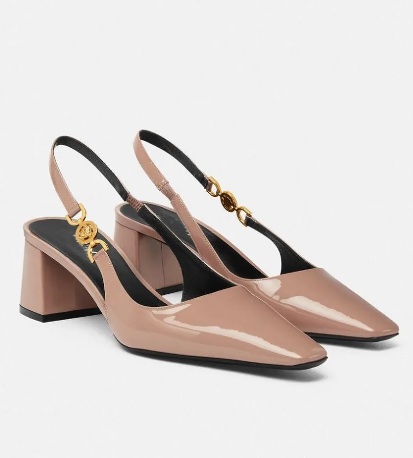 Italie Summer Femmes Medusa'95 Sandales Chaussures en cuir breveté noir Nude Block Talons Squared Toe Party Mariage Dame Gladiator Sandalias EU35-43