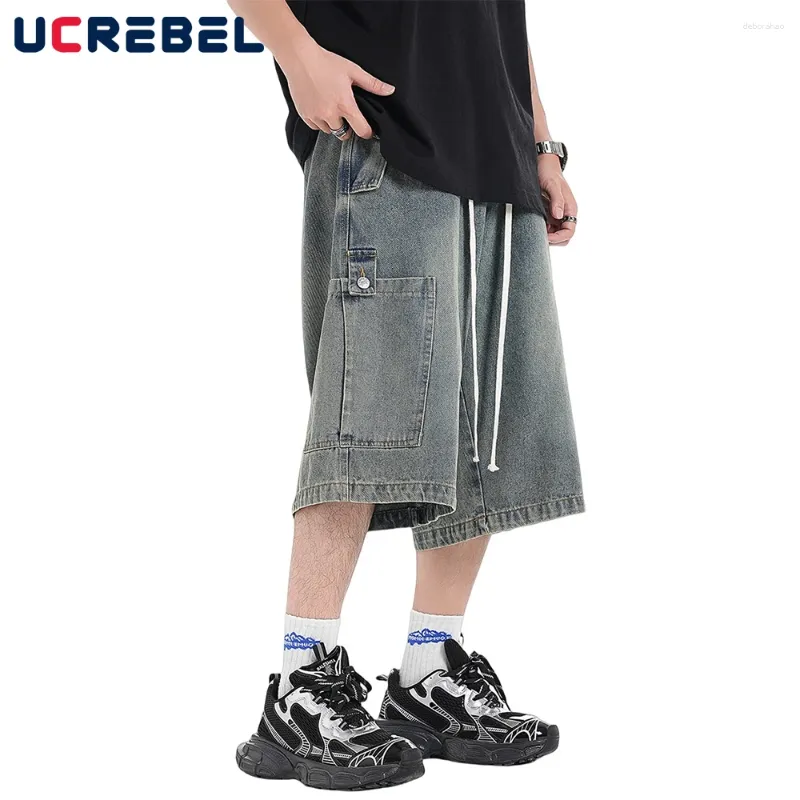 Men's Jeans Pocket Short Mens Washed Distressed Summer Streetwear Wide Leg Elastic Waist Denim Half Pants Men