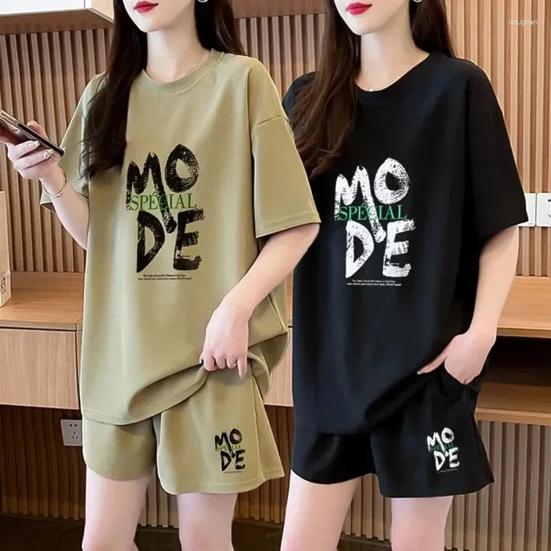 Women's T Shirts Fat Mm Pure Cotton Casual Versatile Sports Suit For Women Summer 2024 Short-Sleeved Shorts Two-Piece Set