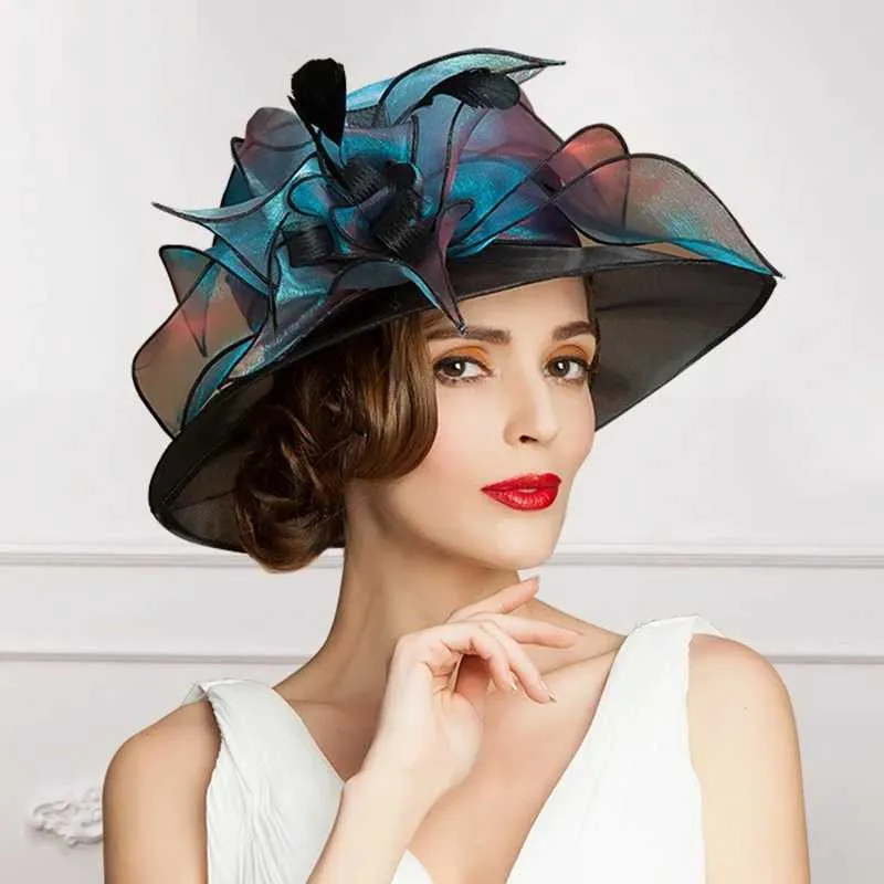 Brede rand hoeden emmer hoeden Lady Organza Fedoras hoed elegante brede brim organza hoed dames Britse stijl bloemdecoratie veer kentucky derby hat b-8204 y240426