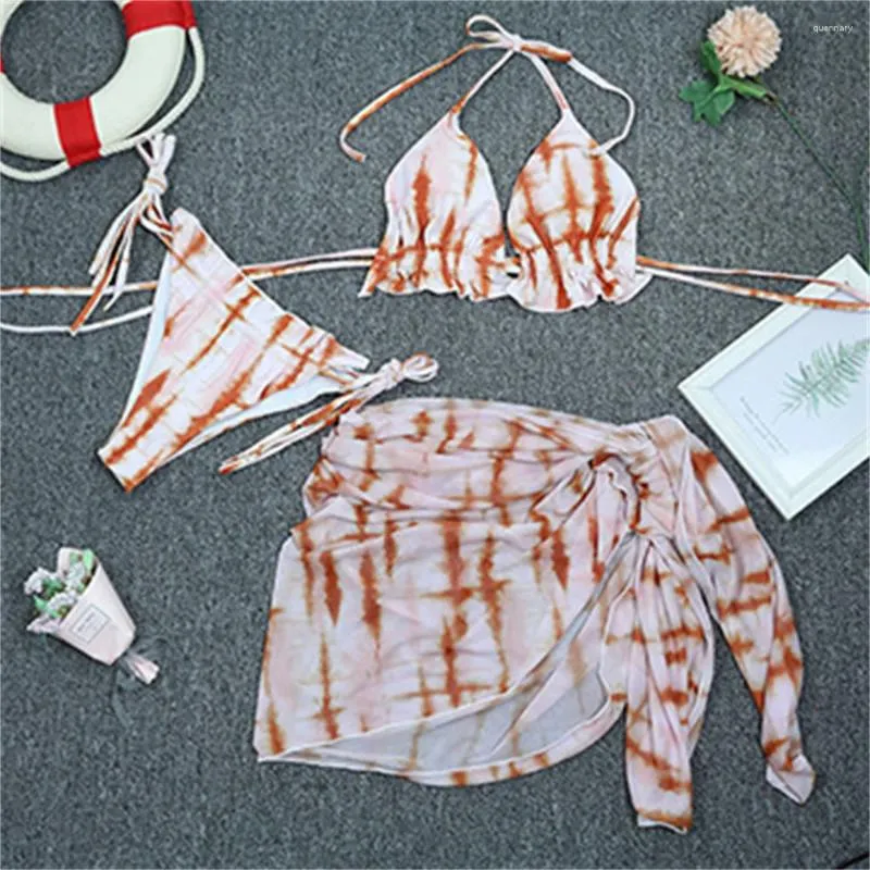 Women's Swimwear Tie Dye String Bikini Thong Triangle Sexy Ruched Swimsuit Women Backless 3 Piece Boho Print Beach Bathing Suit Cover-up