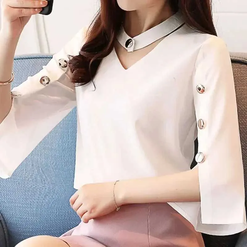 Women's Blouses Shirts Casual White Chiffon Blouse voor Lady Elegant Tops Beading Office Shirt Thr Quarter Slve V-Neck Summer 2994 50 Y240426