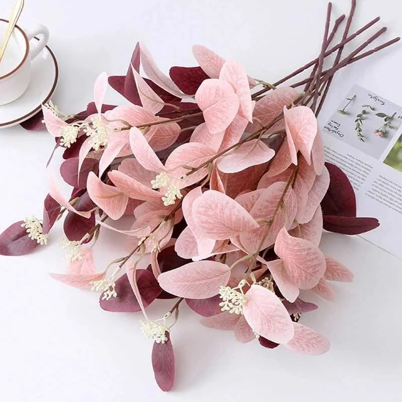 Getrocknete Blumen rosa künstliche Blumen Eukalyptus Blätter Seiden gefälschte Pflanzen billige Wohnzimmer Arrangement DIY Home Hochzeitsdekoration