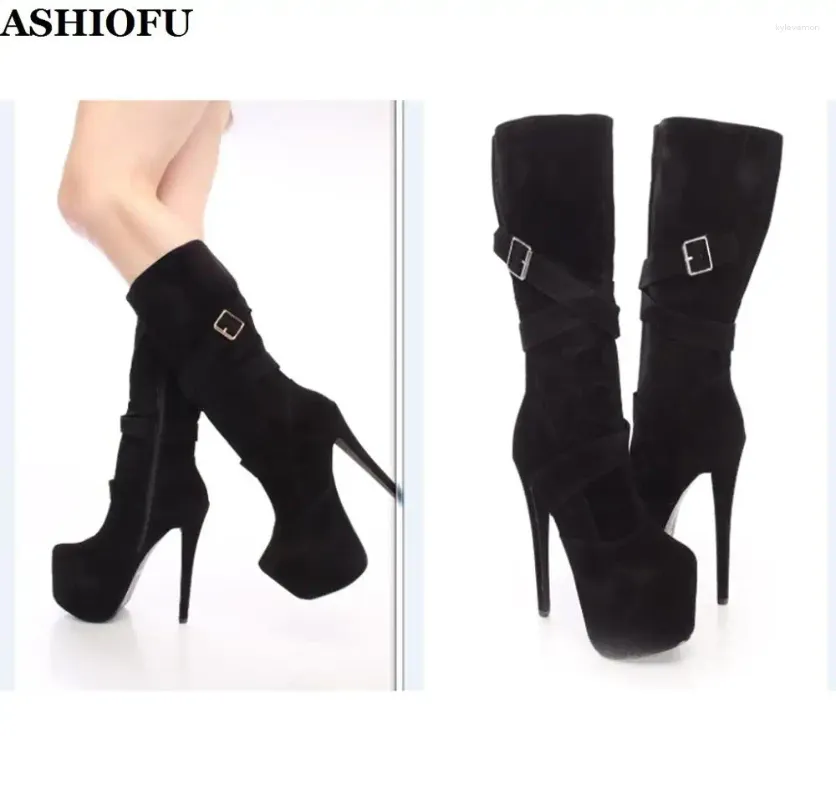 Boots ASHIOFU Women High Heel Platform Round-toe Sexy Party Prom Knee Club Evening Winter Fashion Shoes