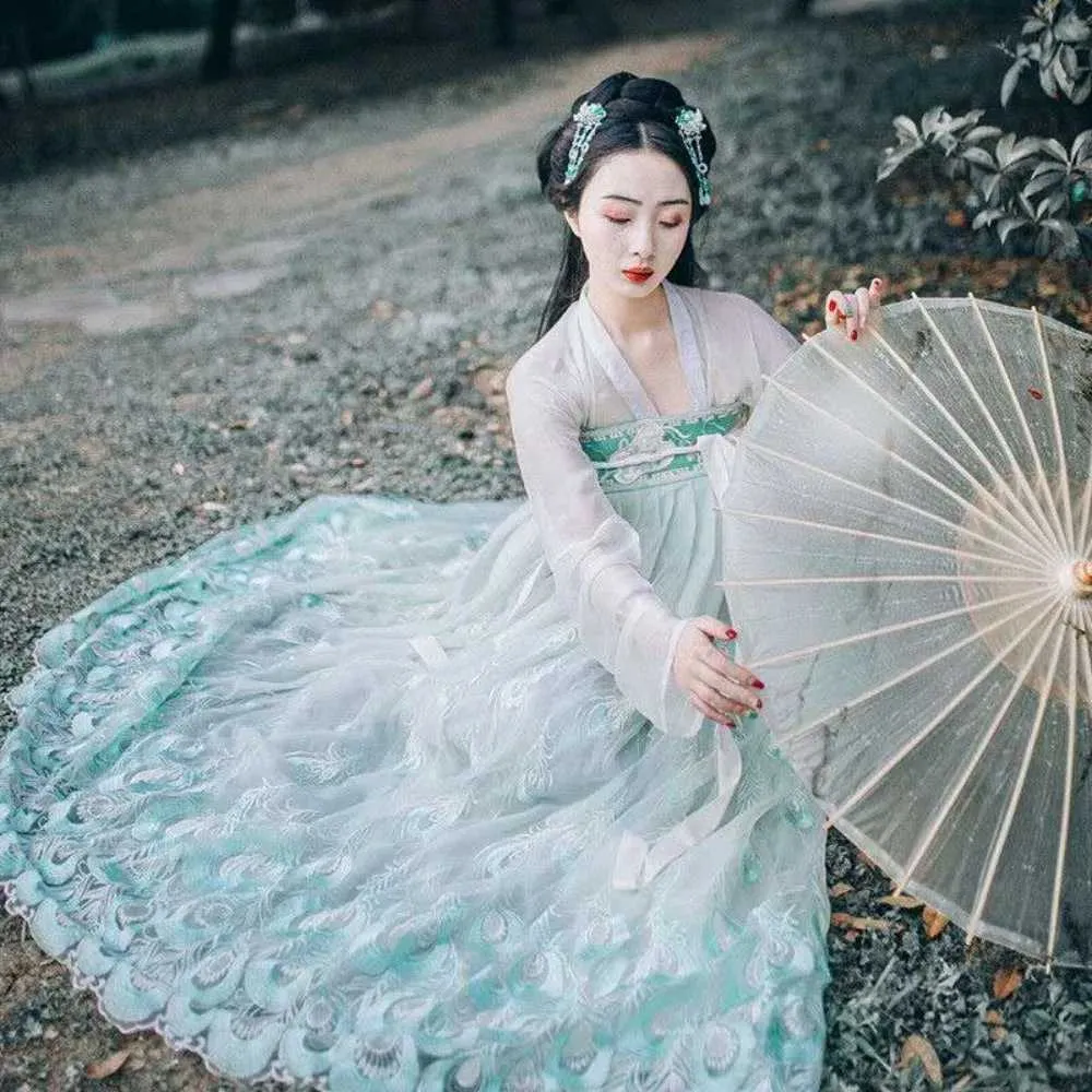 Etnisk klädpolyester kvinna Hanfu klänning kinesisk stil Ancient Peacock Fairy Costum Traditionell kinesisk tjej Hanfu -dräkt för Halloween