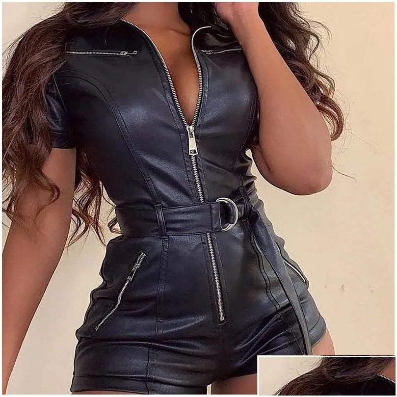 Kvinnors jumpsuits rompers Womens Pu Leather Jumpsuit Summer Sashes Zip Up Short Y Black BodyCon Overalls Drop Delivery Apparel CLO DHR8L