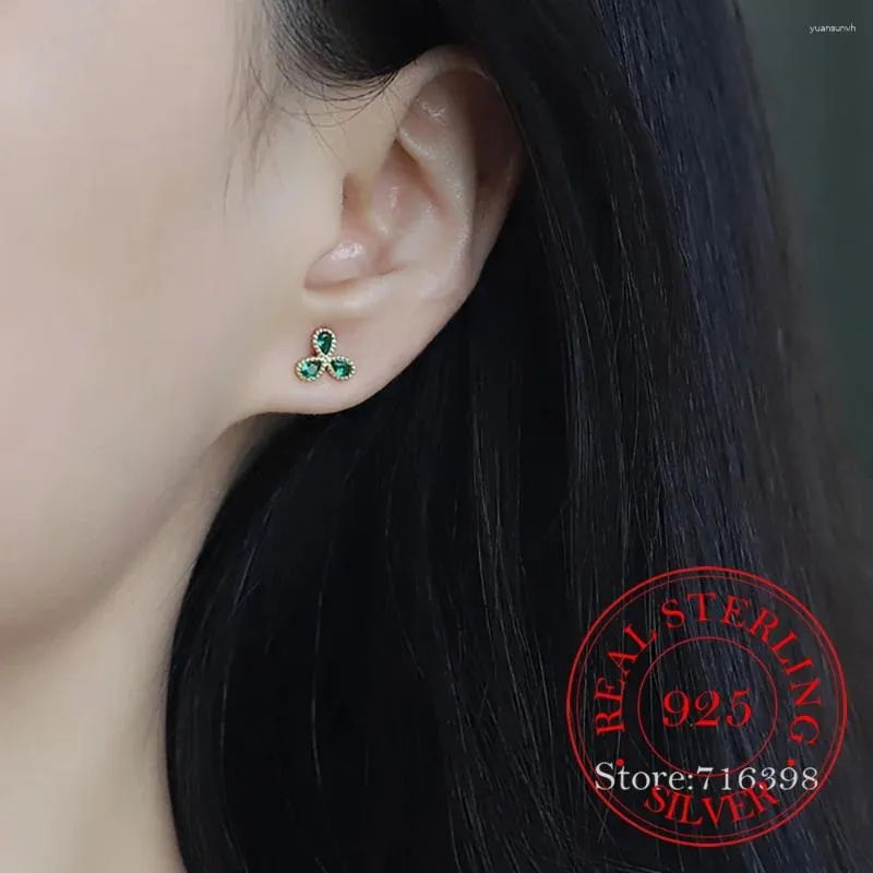 Stud-oorbellen S925 Sterling Silver Emerald 3-blad voor vrouwen Kinderen 14K Gold Bord Ear Wedding Party Sieraden Gift Vrouwelijke Pendientes