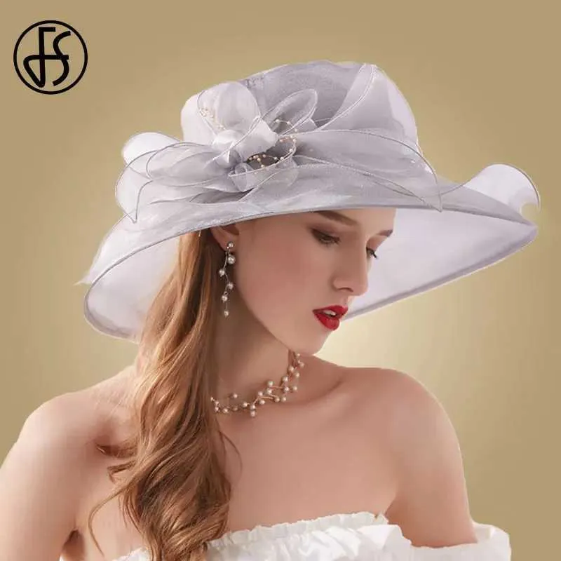 Wide Brim Hats Bucket Hats FS Pink Fedoras Hat Women Beige White Kentucky Derby Wide Brim Wedding Church Organza Party Hat Flower Flat Top Hats Y240426