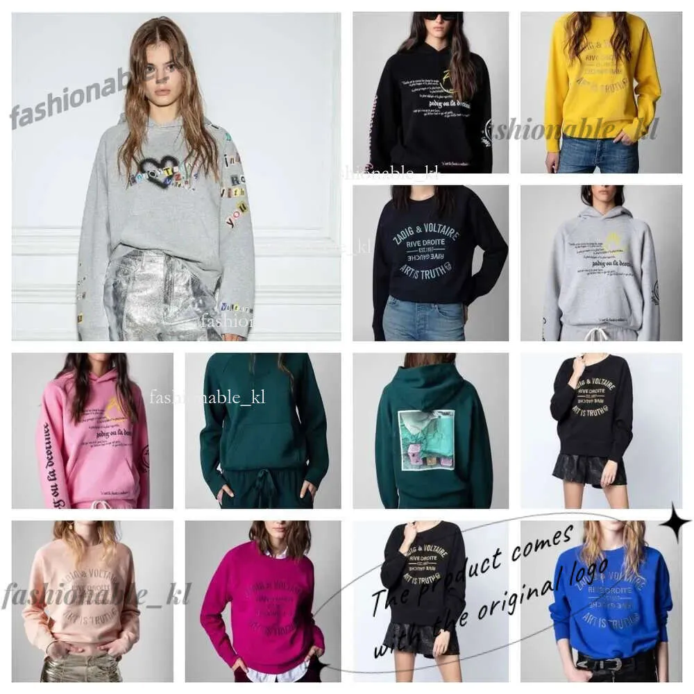 Automne Niche français Zadig Voltaire Sweatshirts bouton en V V-colmes Back Tire Imprimer des lettres abstraites Impression à manches longues T-shirt Coton Femmes 572