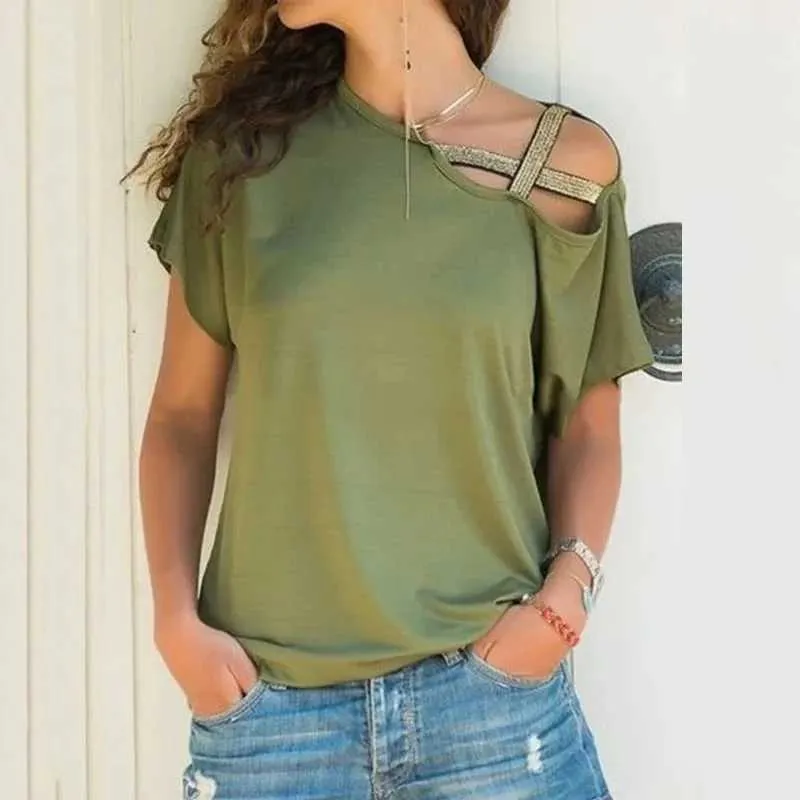 Women's Blouses Shirts Womens Irregular Short Slve T Shirts Casual Oblique Shoulder Cross Tops Sexy T Shirts Loose Summer 2024 30776 Y240426