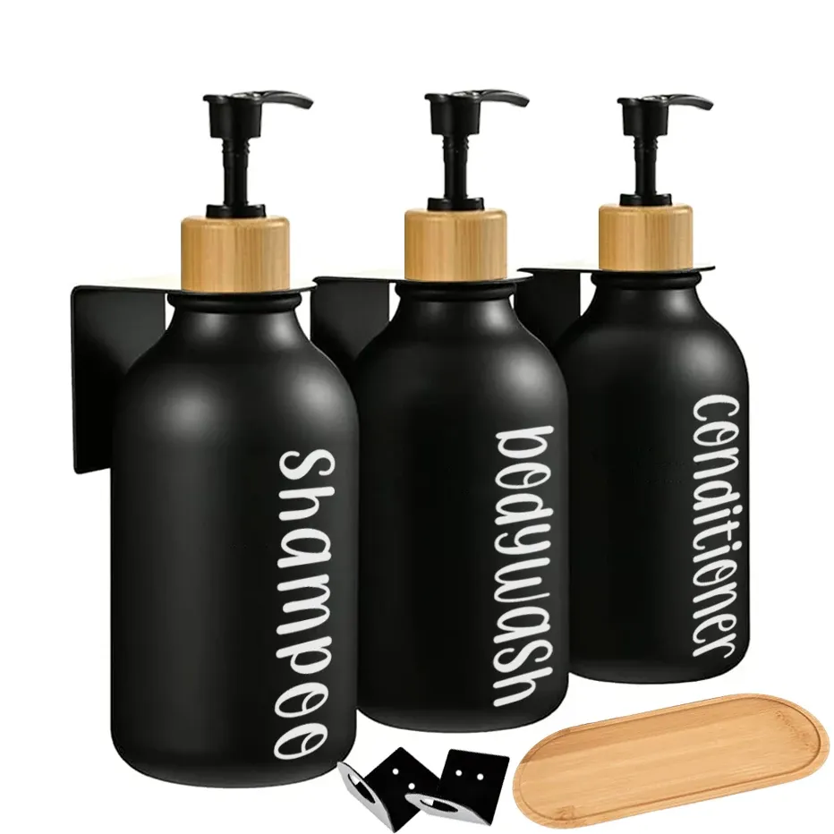 Réglez 300/500 ml de distributeur de salle de bain shampooing et revitalisant bouteille de savon de douche apothicaire lotion mural bambou pompe savon distributeur de savon