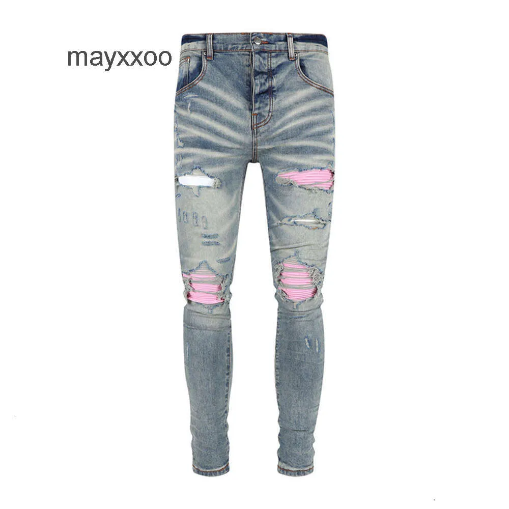 Purple Jean Amiiris Designer Jeans Mens Fashion High Street Blue Skinny Skinny Pink Pink Patch Mens Hip Hop Denim Pants WQ7K