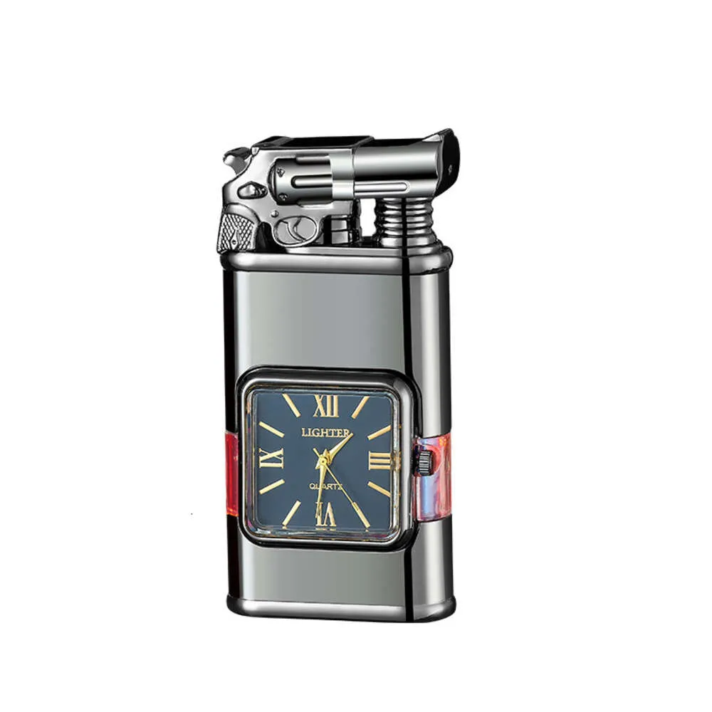 Modèle de pistolet de pistolet de créativité Briquet plus léger à double flamme rechargeable plus léger avec montre