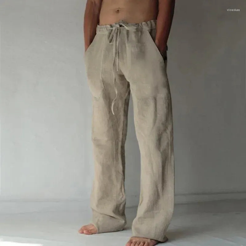 Męskie spodnie Summer Men Solid Kolor Line Multi-Papies Prosty zwykły plus oddychający oddychający wygodne sznurka