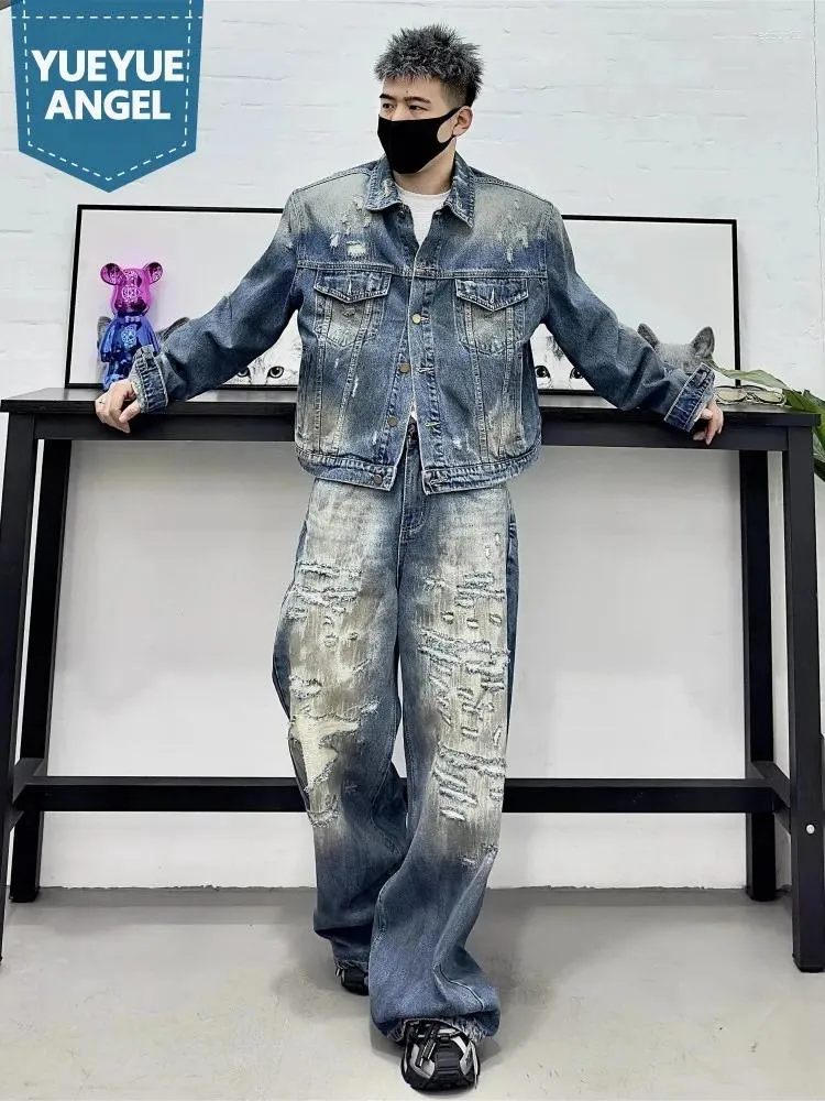 Men's Tracksuits Spring Loose Fit Hip Hop Mens Short Demin Jacket Wide Leg Jeans Two Piece Set Vintage Design Hole Ripped Personality Sets