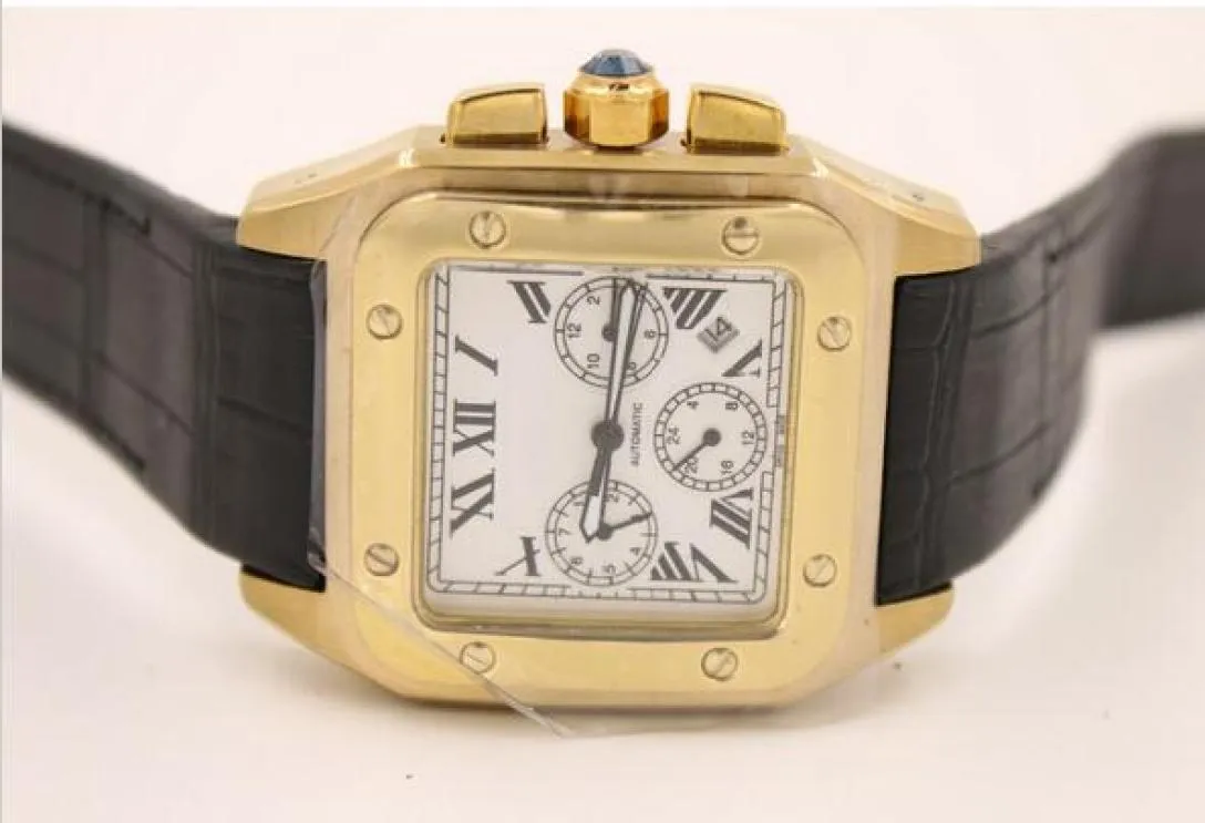 Luxusmenschen Uhr Neue Männer 100 xl Uhr Quarz Chronograph Uhr Schwarz Leder Gold Hülle MEN039S SPORTS Armbanduhren 6291119