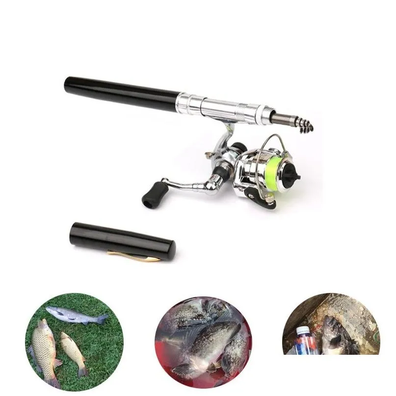 Boat Fishing Rods Pocket Mini Rod Pool Pen Vorm gevouwen met metalen draaiende haspelwielaccessoires Drop levering Sport buitenshuis Ottia