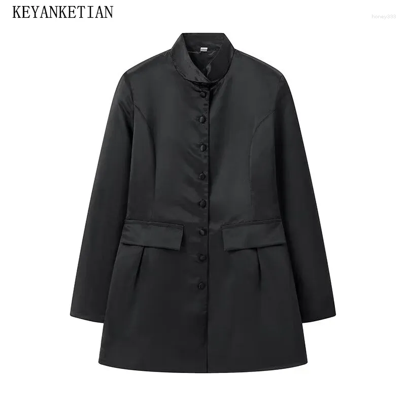 Robes décontractées keyanket 2024 lancement de robe satinée noire pour femmes poches de volet à poitrine simple de style simple
