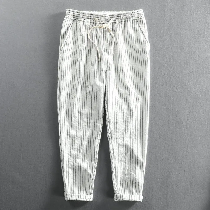Men's Pants Ankle Length Linen Mens White Summer Thin Korean Clothes Casual Harem For Men Striped Trousers Vintage Plus Size