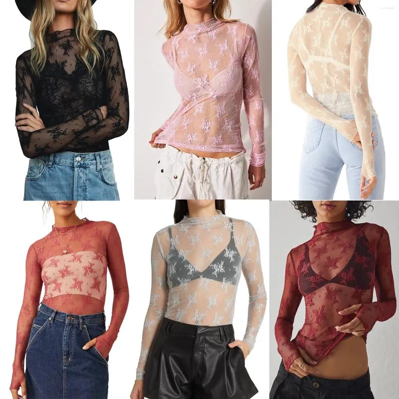 T-shirts de femmes Sexy femme voir à travers le t-shirt Blouse Sheer Mesh à manches longues super