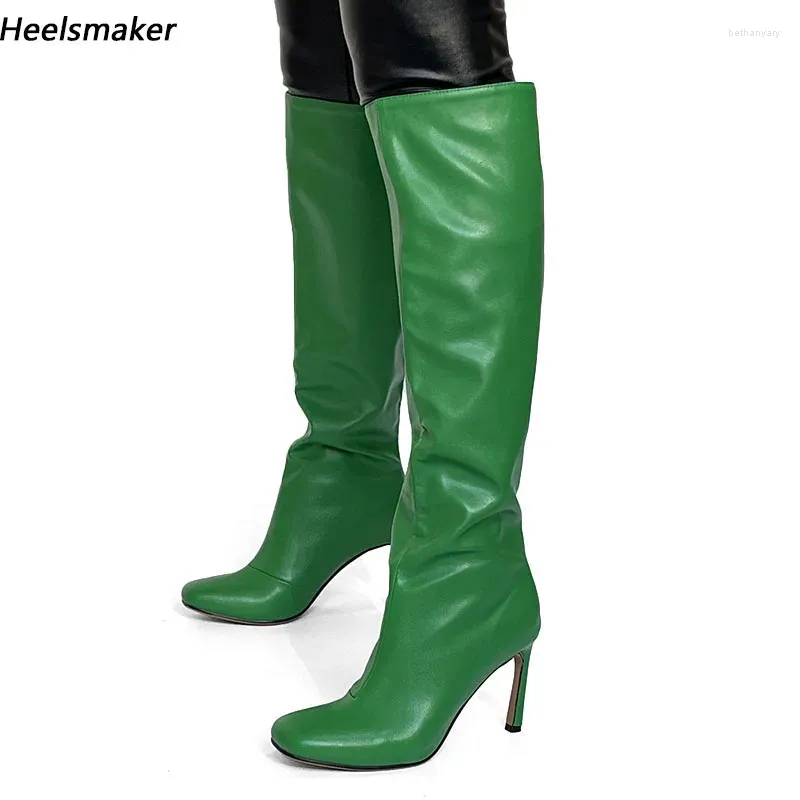 Boots Sukeia Women Winter Knee Faux Leather Thin Heels Square Toe Gorgeous Green Party Shoes Ladies US Size 5-9.5