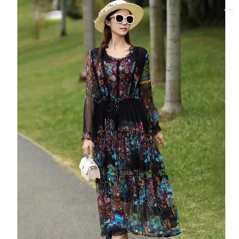 Günlük Elbiseler İlkbahar/Yaz Yüksek Son O yaka İpek Baskılı Uzun Kollu Kadınlar Ayarlanabilir Bel Gevşek Plaj Tatil Elbise Bir Boyut