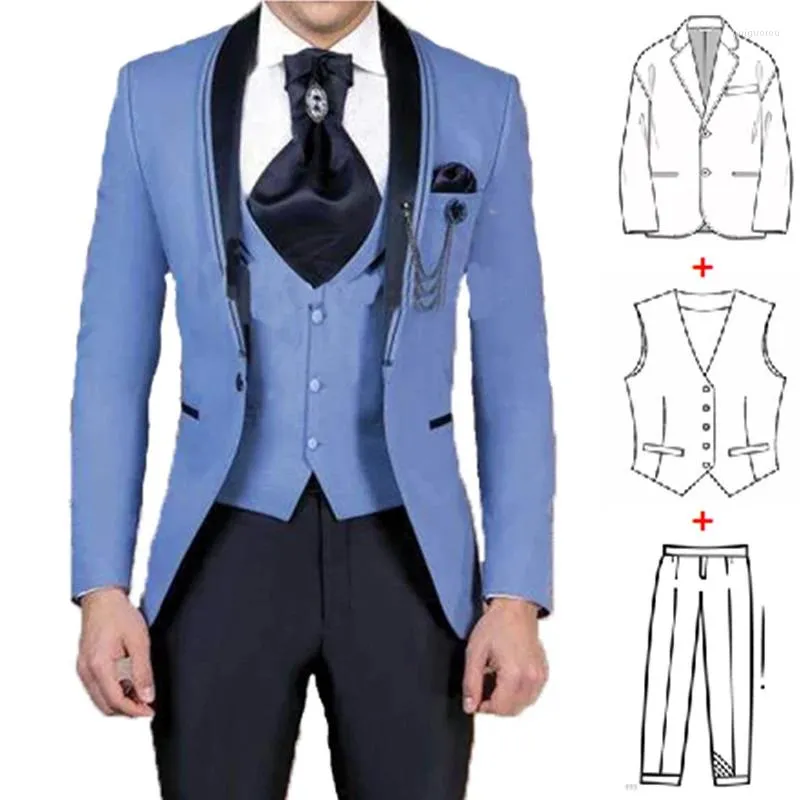 Herrenanzüge Ankunft Blue Bräutigam Smokedos für Hochzeitsbräutigamsschallteverletzungen Ein Knopf Männer Blazer dreiteils (Jackehose Weste)