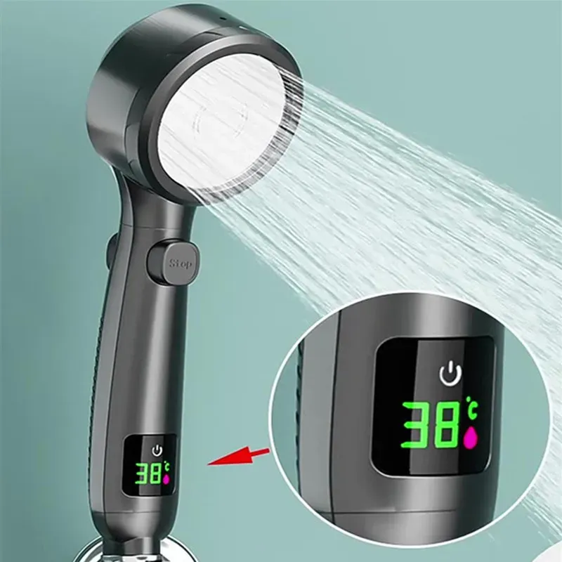 Set High Pressure Handheld Bathroom Shower Head Water Saving Showerhead Pressurized Adjustable Spray Led Digital Temperature Display