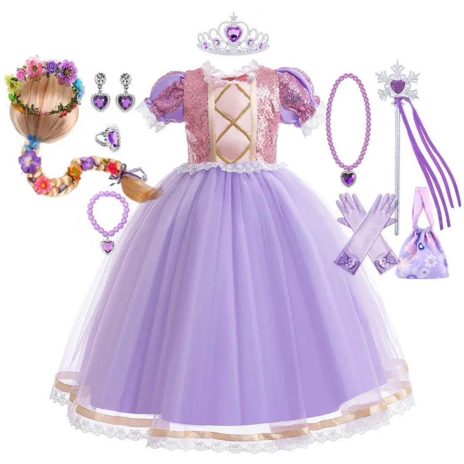 Girl Rapunzel -jurk voor kind Halloween Princess Cosplay kostuum voor verjaardagsfeestje geschenk paarse pailletten mesh kleding 240417