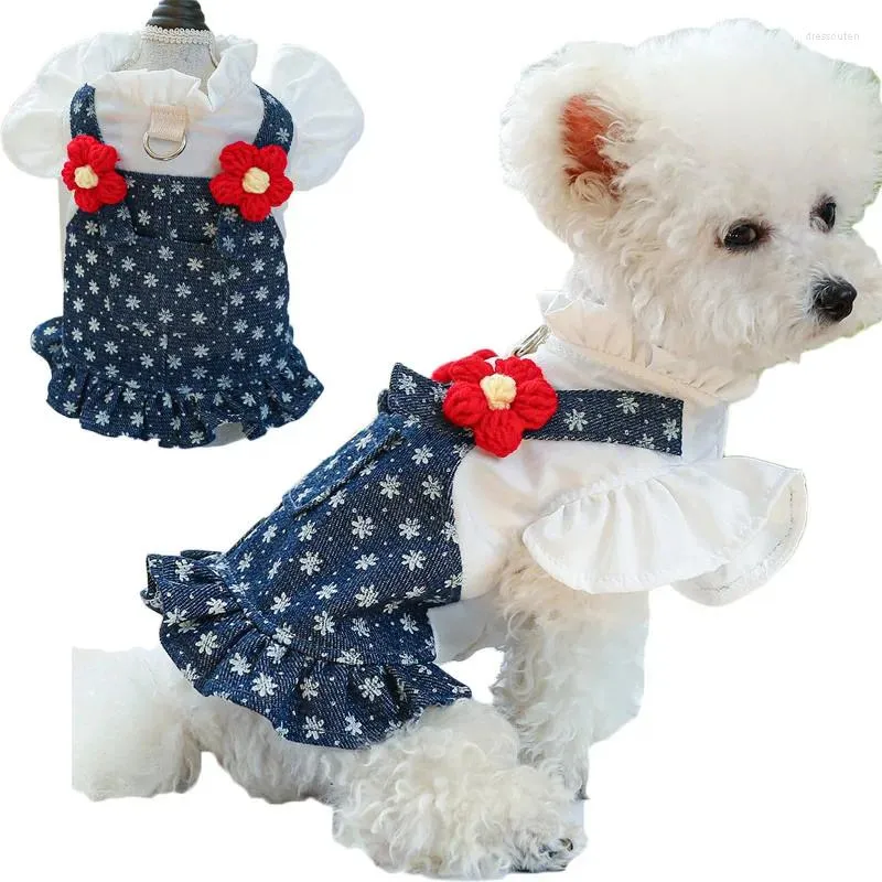 Vêtements pour chiens robe denim robe de animal de compagnie floral chiot chat jupe jeans vêtements à capuche robes de chemise pour petits chiens Chiwawa yorkie