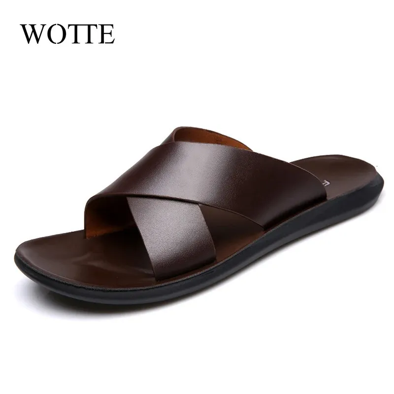 Wotte Moda Summer Men Sapatos Vintage Italian Flats Casual não deslize sandálias de couro chinelos chinelos de chinelos planos 240419