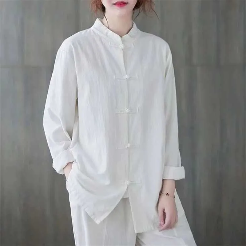 Kvinnors blusar skjortor kvinnor vintage bomullslinne casual skjortor kinesisk stil vintage fast färg lös kvinnlig långa slve tops wy1013 y240426
