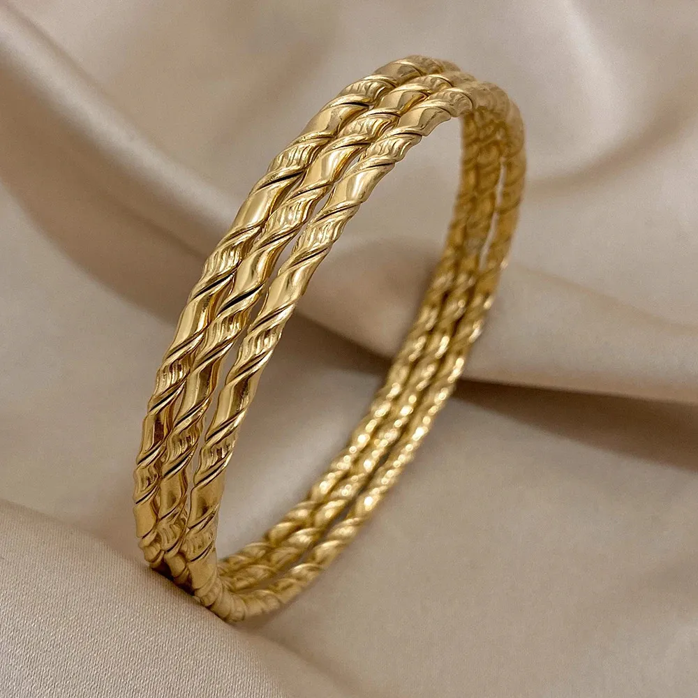 3pcs Gold Color Twist en acier inoxydable Bracelet Chic Classic Tibetan Bouddha Bracelet Golden Empilled Bangles pour femmes 240428