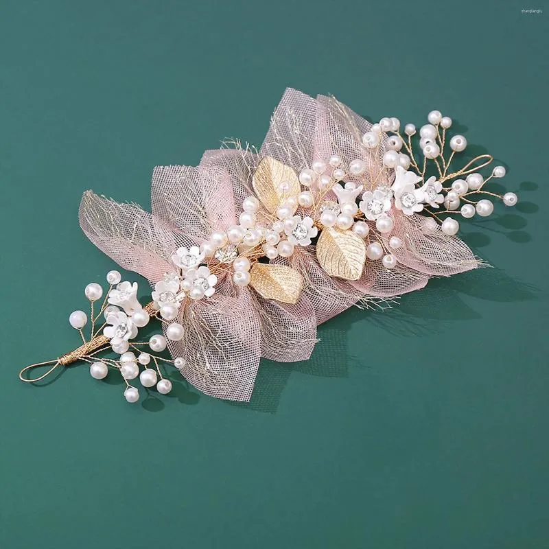 Haarclips Roze haarband Pearl Bruids Tiaras Lady Wedding Accessories For Women Golden Leaf Hoofdband Betrokkenheid Prom sieraden