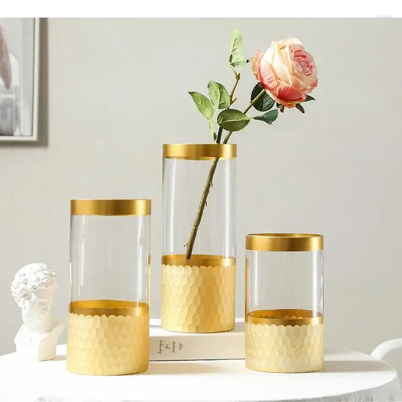 Vases Light Luxury Honeycomb Texture Straight Glass Vase Transparent Hydroponic Flower Basin Dried Flame Ornaments Home
