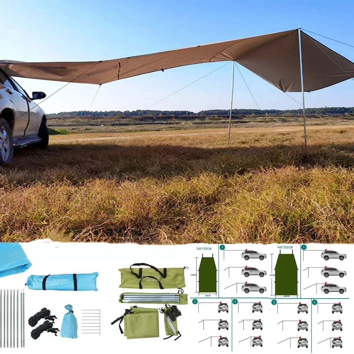 Camping tenda de barracia automóvel SUV lateral teto superior abrigo solar caminhão de sol dossel de sol dossel anti-uv à prova d'água do carro de chuva 240417