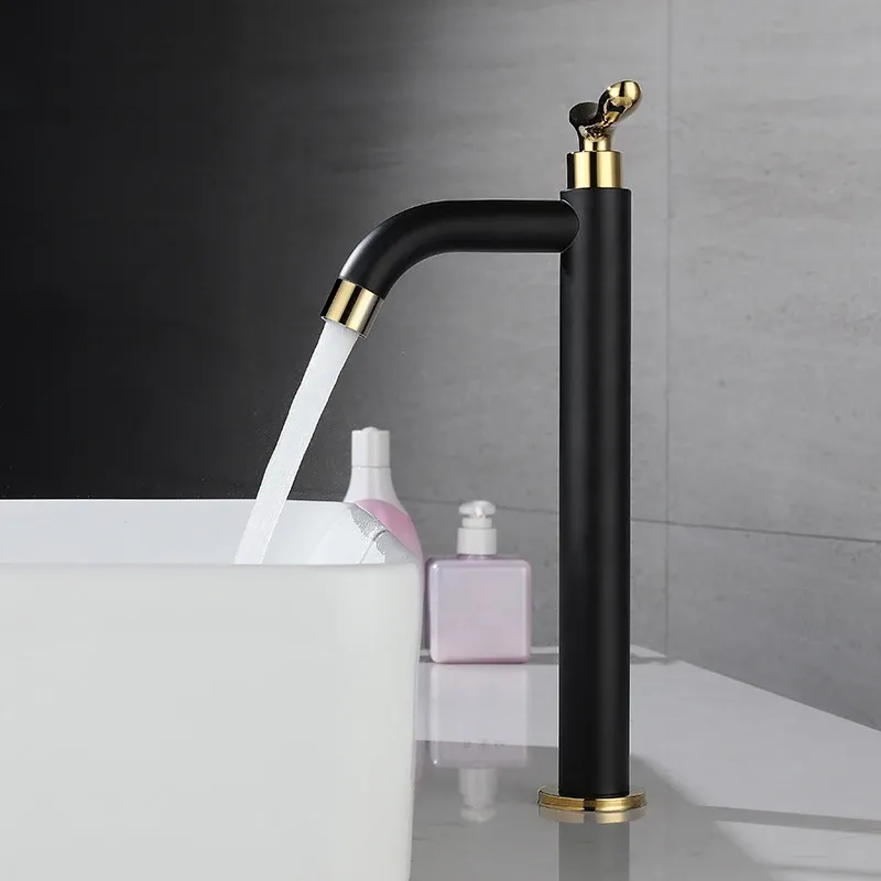 Set Bathroom Basin Faucets Single Cold Water Bathroom Sink Faucets Black and Gold 304 Stainless Steel Single Handle Washbasin Tap