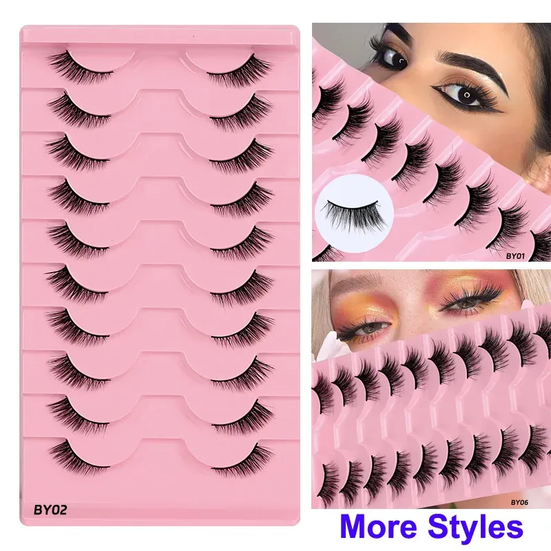 False Eyelashes Half Lashes Cat Eye 3D Faux Mink Lashes Curling 10mm Volume Short Wispy Natural Look Eyelashes Clear Band 10 Pairs/set LL