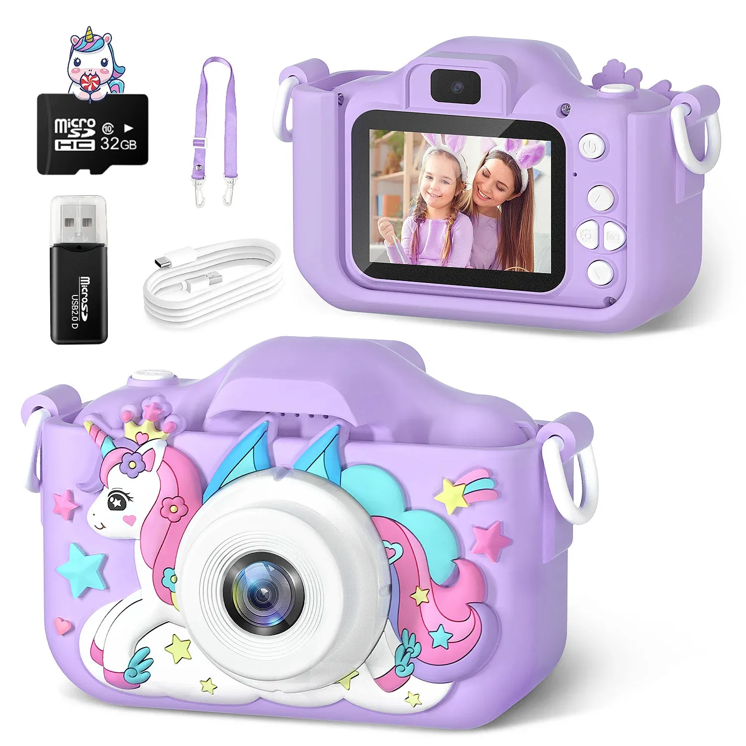 Kids Camera Toys Purple Unicorn for Girls Boys Gift Children Digital Camera 1080P HD 2inch Screen With 32GB SD Card Game Player 240422