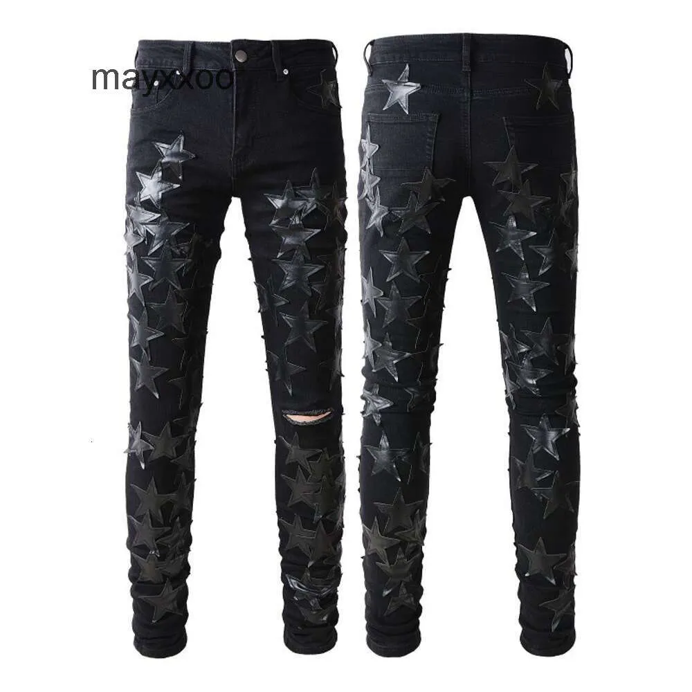 패션 691 Mens Amiirii Jean 2024 Demin Purple High Jeans Street Fashion Brand Black Five Pointed Star Male Youth Stretch Fit J01K