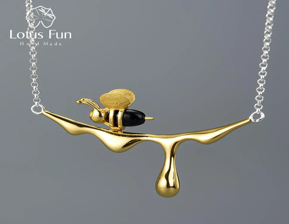 Lotus Fun 18k золотая пчела и капельное подвесное ожерелье Real 925 Серебряная серебряная дизайнер ручной работы.