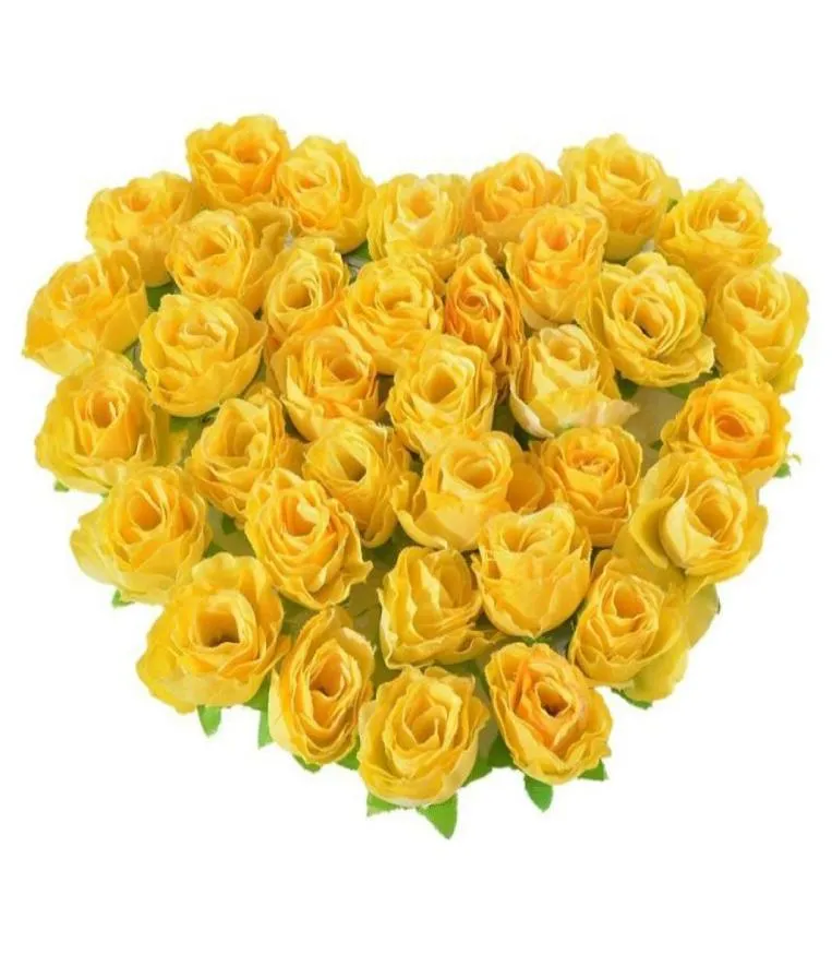 Fleurs décoratives couronnes en tissu jaune en soie artificielle têtes de fleurs de rose artificielle pour paquet de décoration de 50pcs4964692